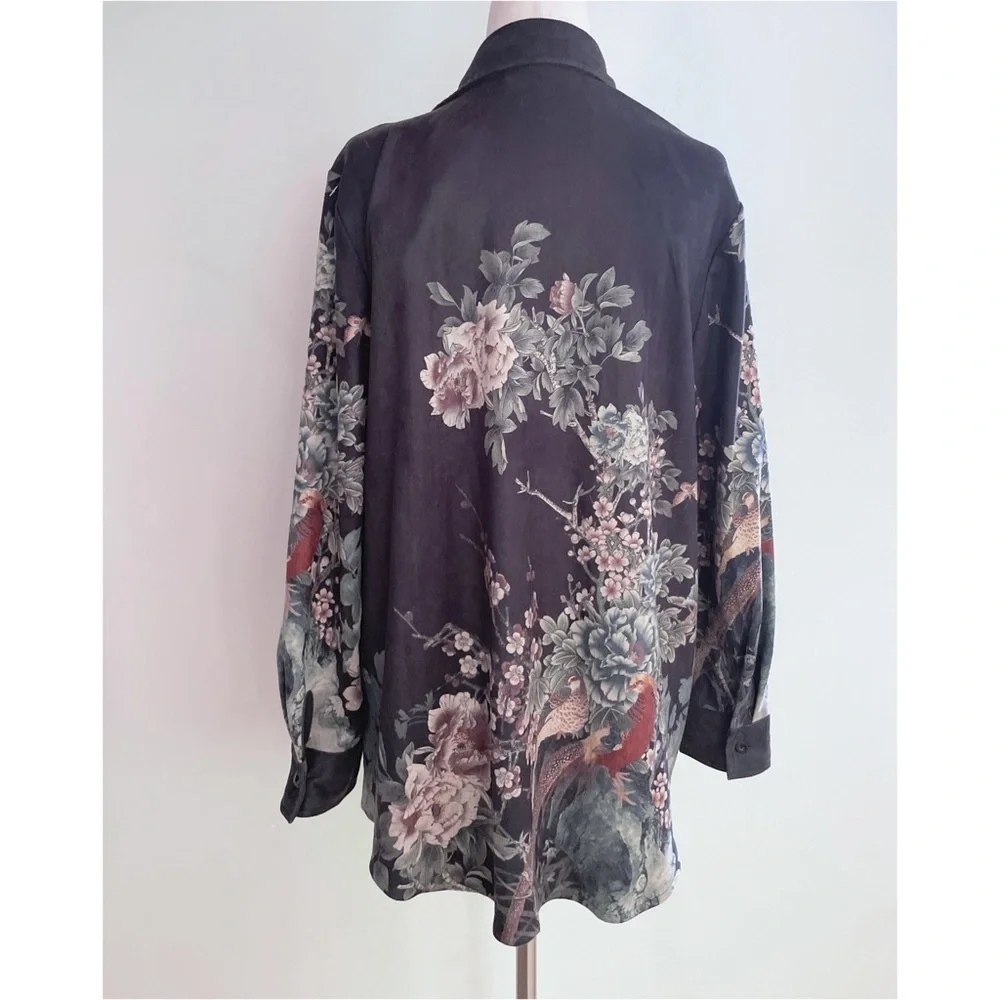 NWT Soft Surroundings Birds Peonies Floral Nola Suede Boyfriend Shirt Blouse PM